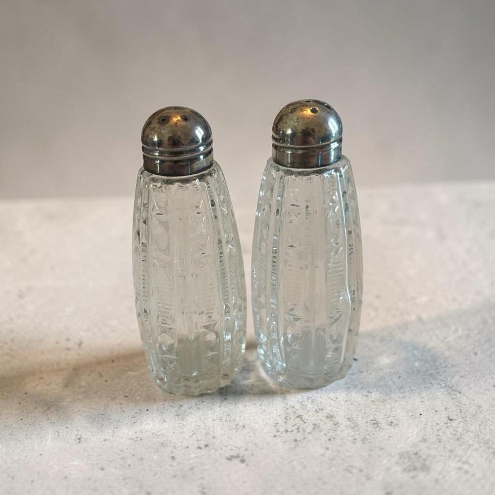 Pair of Cut Crystal Salt & Pepper Sterling Silver Caps 3.5"